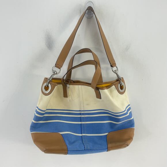 Coach Hadley Tote in Cream & Blue Stripes Canvas/Leather Women’s Purse Preowned - Picture 3 of 7